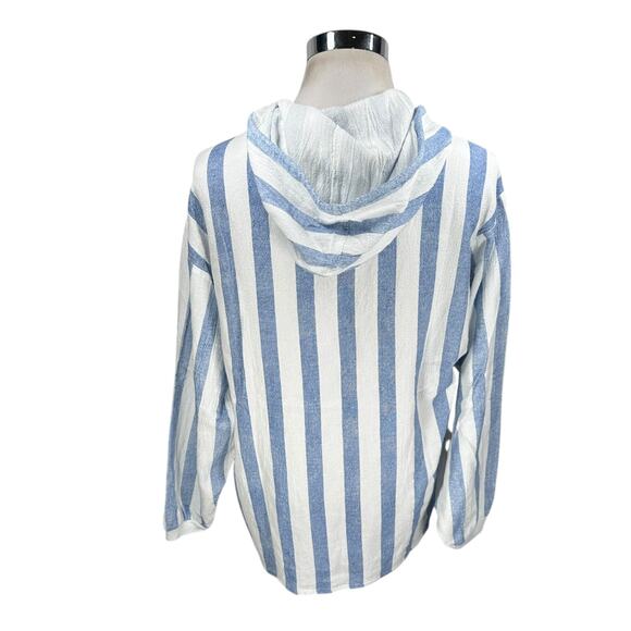 Vintage Active Culture Mix Shirt Men's Large Blue White Striped Cotton Hoodie - Picture 4 of 8